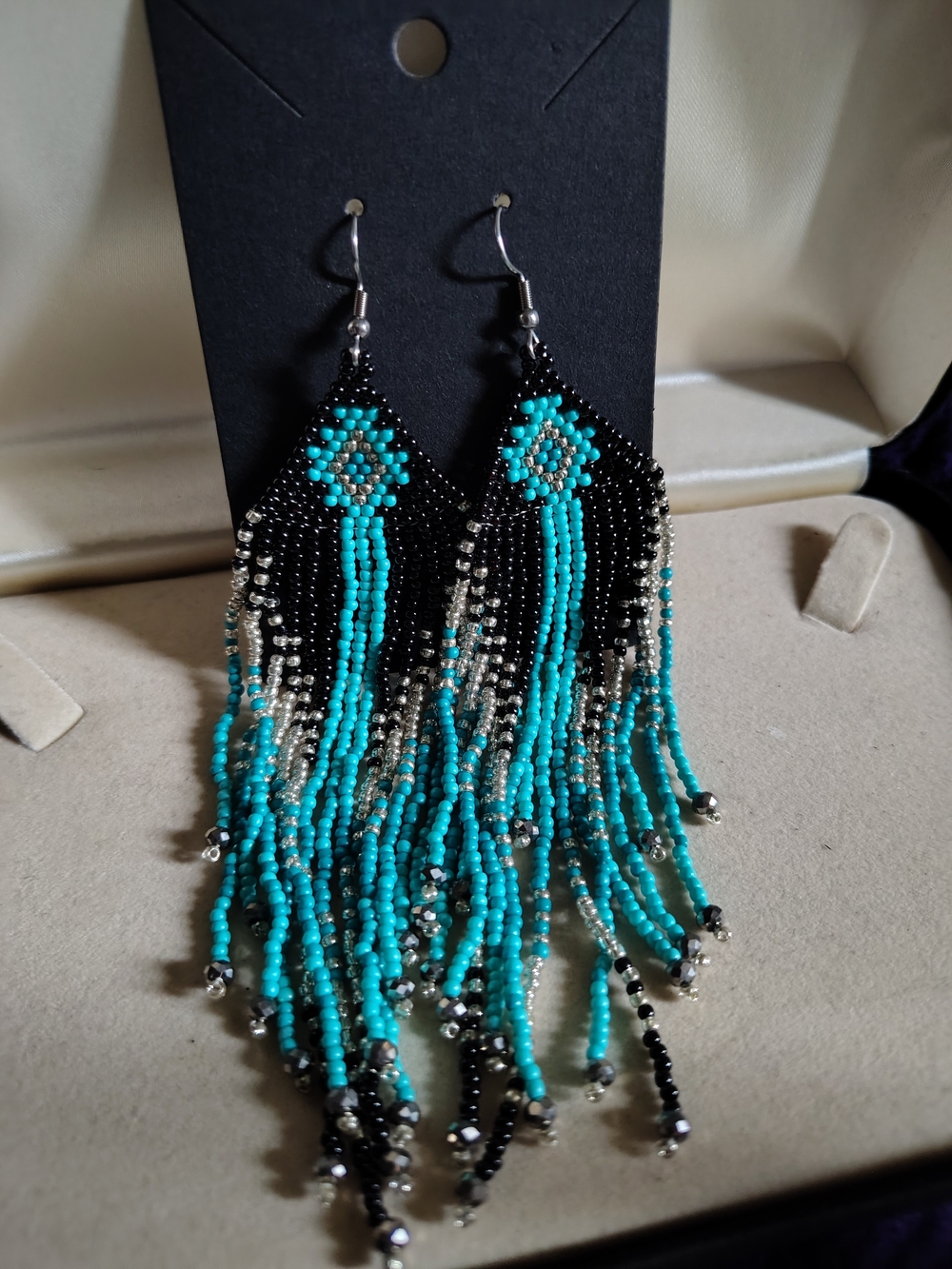 🚨New Handmade Turquoise & Black Seed Bead Fringe Statement Earrings🚨